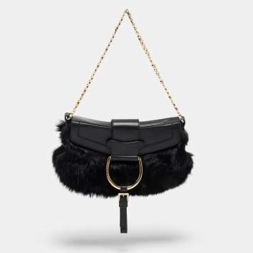 Pre Owned Dolce & Gabbana Black Mink Fur and Leather D Ring Flap Pochette Bag