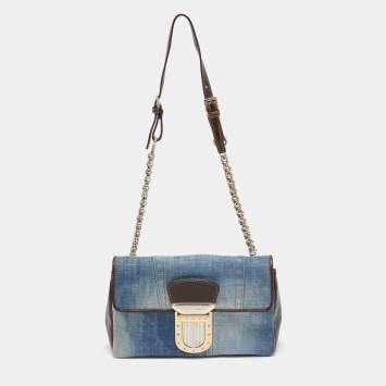 Pre Owned Dolce & Gabbana Blue/Brown Denim and Leather Pushlock Flap Shoulder Bag