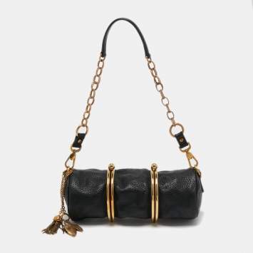 Pre Owned Dolce & Gabbana Black Pebbled Leather Double Kiss Lock Shoulder Bag