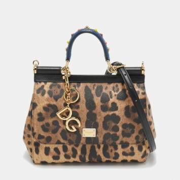 Pre Owned Dolce & Gabbana Black/Beige Leopard Print Coated Canvas and Leather Medium Studded Sicily Top Handle Bag