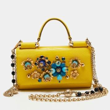 Pre Owned Dolce & Gabbana Yellow Leather Embellished Miss Sicily Von Wallet on Chain