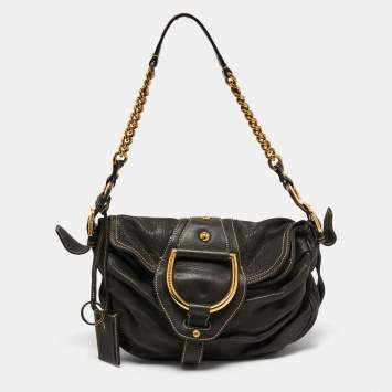 Pre Owned Dolce & Gabbana Dark Grey Leather D Ring Flap Hobo