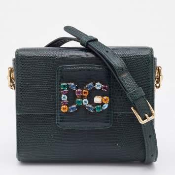 Pre Owned Dolce & Gabbana Green Iguana Embossed Leather Mini DG Millennials Crossbody Bag