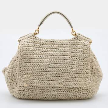 مملوكة مسبقًا Dolce & Gabbana White Woven Straw and Leather Miss Sicily Top Handle Bag