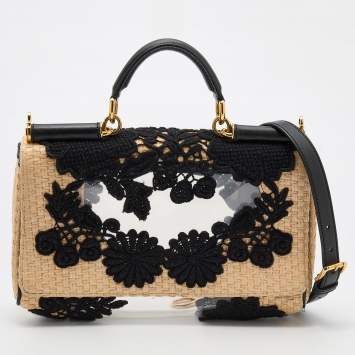 Pre Owned Dolce & Gabbana Beige/Black Raffia and PVC Miss Sicily East West Embroidered Top Handle Bag
