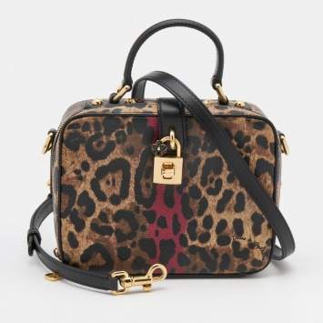 Pre Owned Dolce & Gabbana Brown/Black Leopard Print Coated Canvas and Leather Dauphine Box Bag