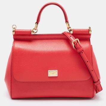 Pre Owned Dolce & Gabbana Red Leather Medium Miss Sicily Top Handle Bag