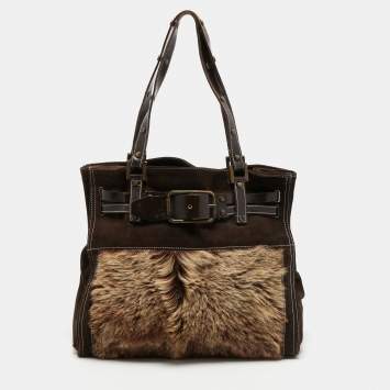 Pre Owned Dolce & Gabbana Brown/Beige Logo Embossed Suede and Calf Hair Tote
