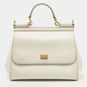 Pre Owned Dolce & Gabbana Off White Leather Medium Miss Sicily Top Handle Bag