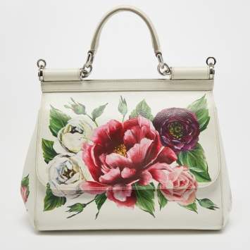 Pre Owned Dolce & Gabbana White Floral Print Leather Medium Miss Sicily Top Handle Bag