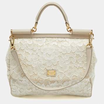 Pre Owned Dolce & Gabbana White/Beige Lace Miss Sicily Top Handle Bag