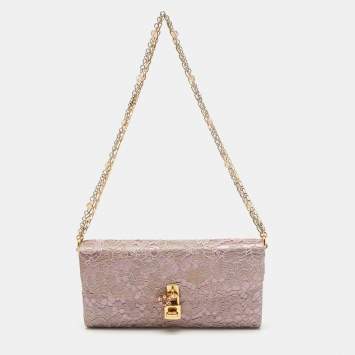 Pre Owned Dolce & Gabbana Pink Lace and Satin Padlock Chain Clutch