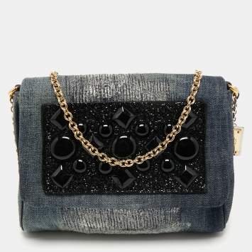 Pre Owned Dolce & Gabbana Nay Blue/Black Denim Embellished Flap Shoulder Bag