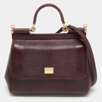 Pre Owned Dolce & Gabbana Burgundy Lizard Embossed Leather Medium Miss Sicily Top Handle Bag