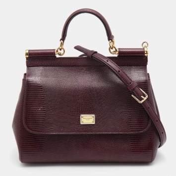 Pre Owned Dolce & Gabbana Burgundy Lizard Embossed Leather Medium Miss Sicily Top Handle Bag