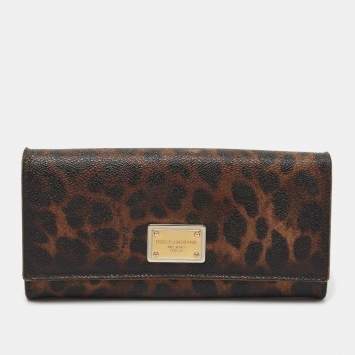 Pre Owned Dolce & Gabbana Dark Brown Leopard Print Coated Canvas Flap Continental Wallet