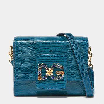 Pre Owned Dolce & Gabbana Blue Iguana Embossed Leather Mini DG Millennials Crossbody Bag