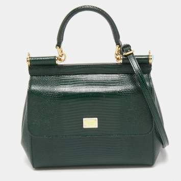 Pre Owned Dolce & Gabbana Dark Green Lizard Embossed Leather Small Miss Sicily Top Handle Bag