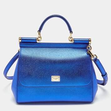 Pre Owned Dolce & Gabbana Metallic Blue Leather Medium Miss Sicily Top Handle Bag