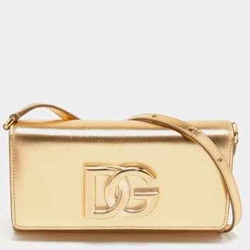 Pre Owned Dolce & Gabbana Gold Leather DG Logo Crossbody Bag