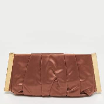 Pre Owned Dolce & Gabbana Brown Pleated Satin Miss Lady Frame Clutch