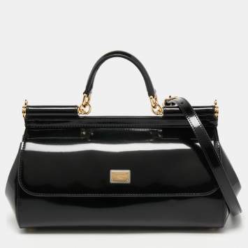 Pre Owned Dolce & Gabbana Black Patent Leather Long Medium Miss Sicily Top Handle Bag