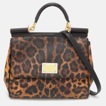 Pre Owned Dolce & Gabbana Brown/Black Leopard Print Coated Canvas and Leather Large Miss Sicily Top Handle Bag