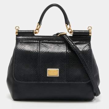 Pre Owned Dolce & Gabbana Black Leather and Watersnake Medium Miss Sicily Top Handle Bag
