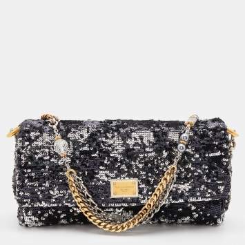 Pre Owned Dolce & Gabbana Black/Silver Sequins Miss Charles Flap Shoulder Bag