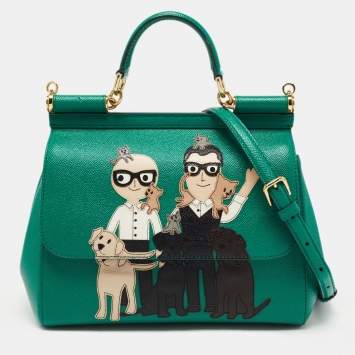Pre Owned Dolce & Gabbana Green Leather Medium Miss Sicily Family Patchwork Top Handle Bag