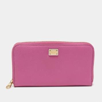 Pre Owned Dolce & Gabbana Pink Leather Zip Around Wallet