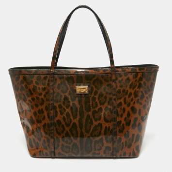Pre Owned Dolce & Gabbana Brown/Black Leopard Print Patent Leather Miss Escape Tote