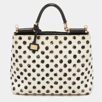 Pre Owned Dolce & Gabbana White/Black Polka Canvas and Leather Sicily Tote