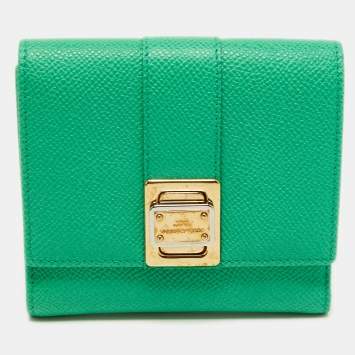 مملوكة مسبقًا Dolce & Gabbana Green Leather Trifold Compact Wallet
