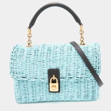 Pre Owned Dolce & Gabbana Metallic Blue/Black Woven Straw and Leather Miss Dolce Top Handle Bag