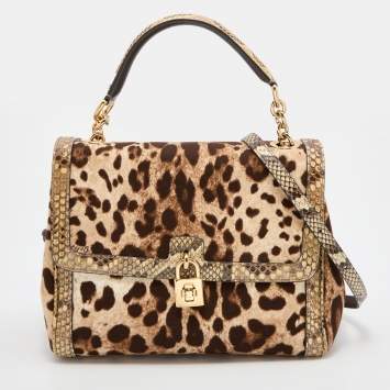 Pre Owned Dolce & Gabbana Beige/Brown Leopard Print Canvas and Python Miss Dolce Top Handle Bag