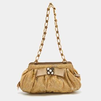 Pre Owned Dolce & Gabbana Metallic Beige Floral Jacquard Shoulder Bag