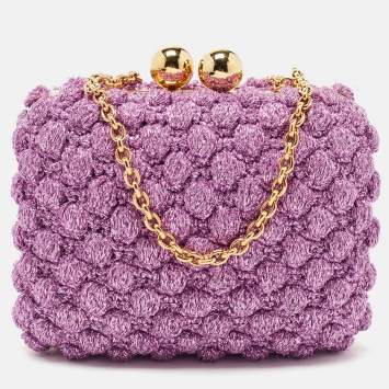 Pre Owned Dolce & Gabbana Lavender Lurex Fabric Kiss Lock Frame Chain Clutch