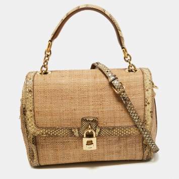 Pre Owned Dolce & Gabbana Beige Raffia and Python Miss Dolce Top Handle Bag