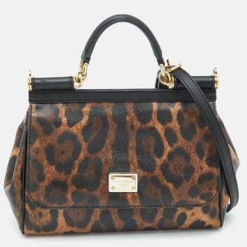 Pre Owned Dolce & Gabbana Brown/Black Leopard Print Coated Canvas and Leather Medium Miss Sicily Top Handle Bag