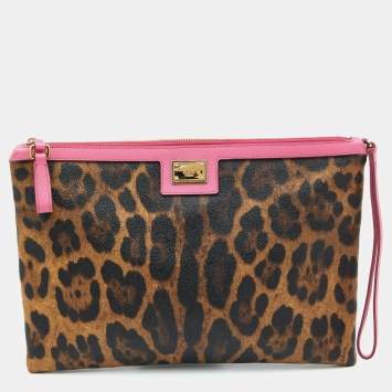 Pre Owned Dolce & Gabbana Brown/Pink Leopard Print Coated Canvas and Leather Wristlet Clutch