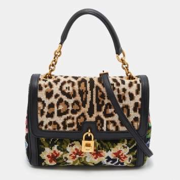 Pre Owned Dolce & Gabbana Multicolor Cross Stitch Fabric and Leather Padlock Top Handle Bag
