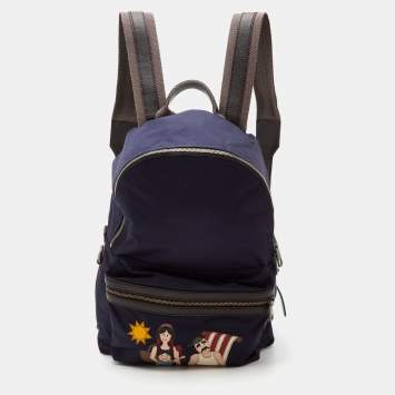 Pre Owned Dolce & Gabbana Navy Blue/Brown Nylon and Leather Printed Backpack