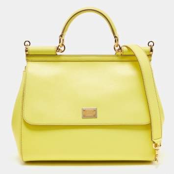 Pre Owned Dolce & Gabbana Lime Yellow Leather Large Miss Sicily Top Handle Bag