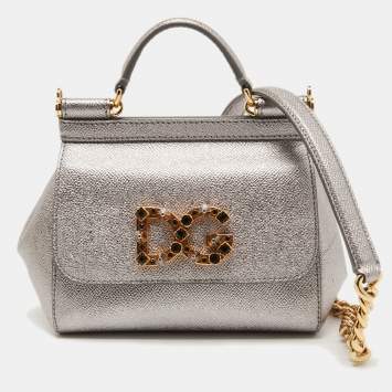 Pre Owned Dolce & Gabbana Silver Leather Mini Crystal and Spike DG Logo Miss Sicily Bag
