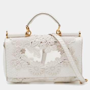 Pre Owned Dolce & Gabbana White PVC, Lace and Python Miss Sicily Top Handle Bag