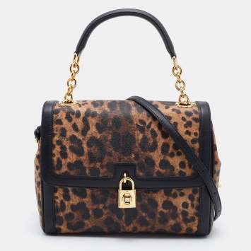 مملوكة مسبقًا Dolce & Gabbana Black/Brown Leopard Print Coated Canvas and Leather Padlock Top Handle Bag
