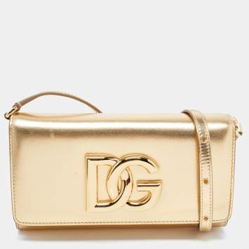 Pre Owned Dolce & Gabbana Gold Glossy Leather DG Logo Shoulder Bag