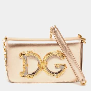 Pre Owned Dolce & Gabbana Gold Leather Small DG Girls Shoulder Bag