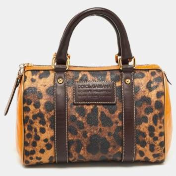 Pre Owned Dolce & Gabbana Brown/Yellow Leopard Print Coated Canvas and Leather Miss Escape Satchel